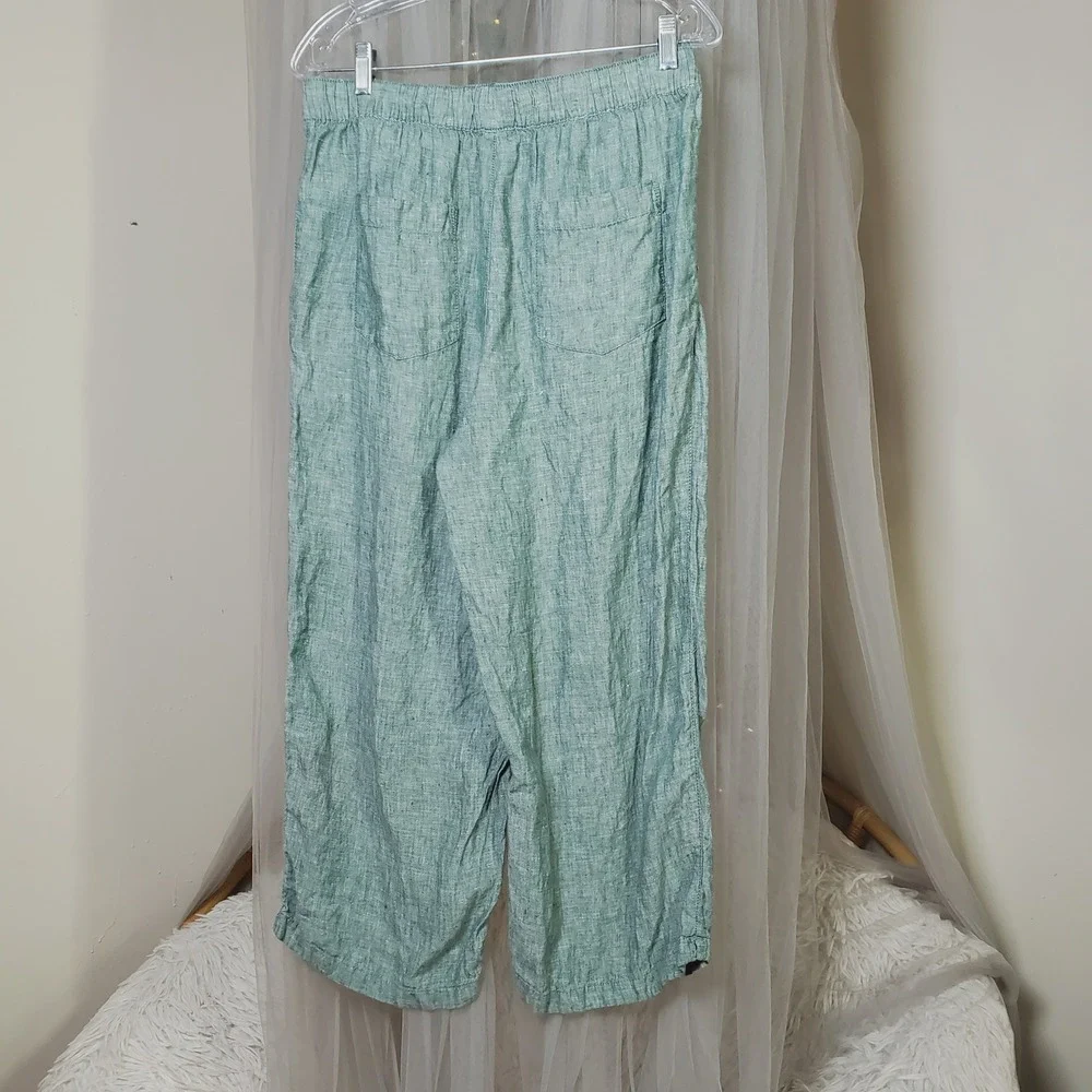 Resort Minimalist Sage Green Linen Wide Leg Pants Euro Summer Crop Size L Vaca